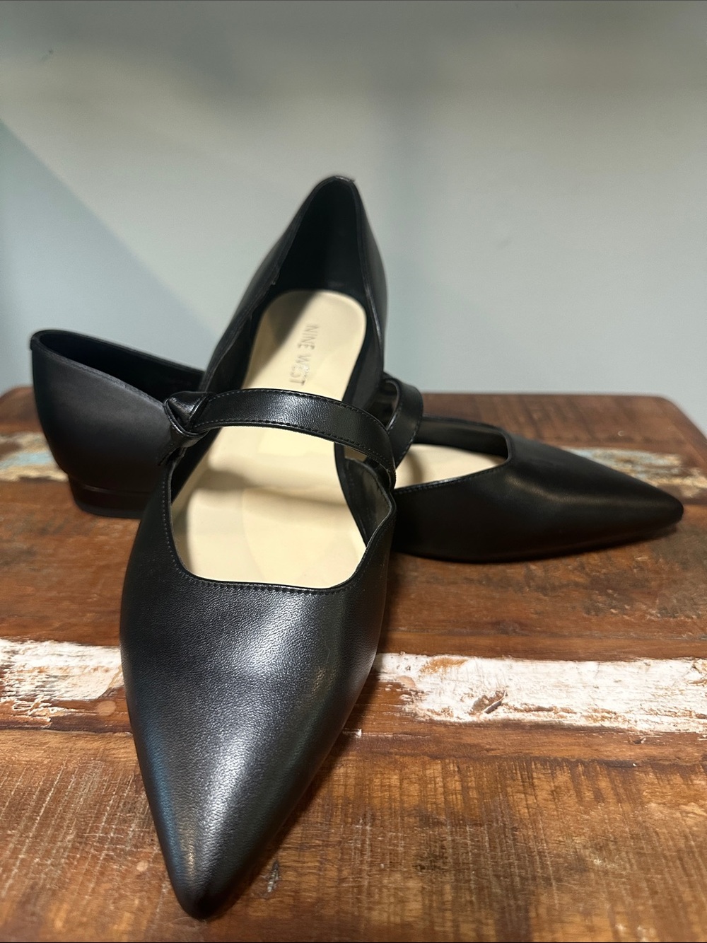 Nine West Black Pointed Mary Jane Flats with Strap